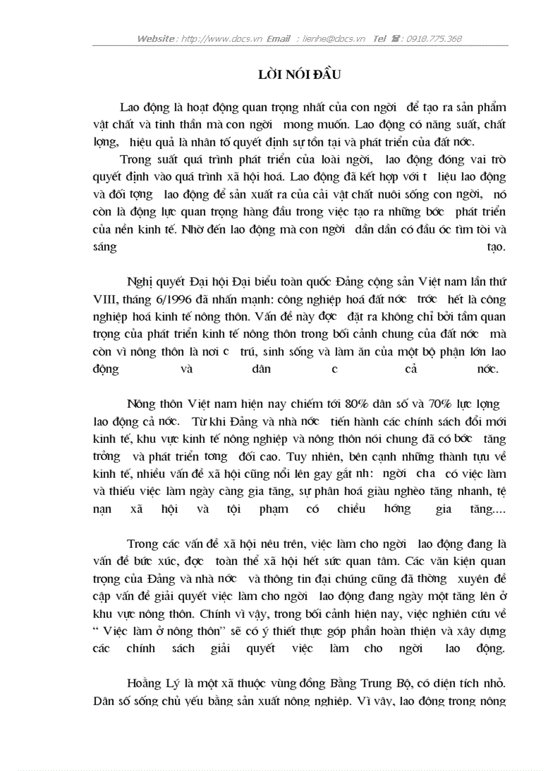 Tình hình và hướng giải quyết lao động dư thừa ở nông thôn xã Hoẳng Lý huyện Hoằng Hoá Tỉnh Thanh Hoá