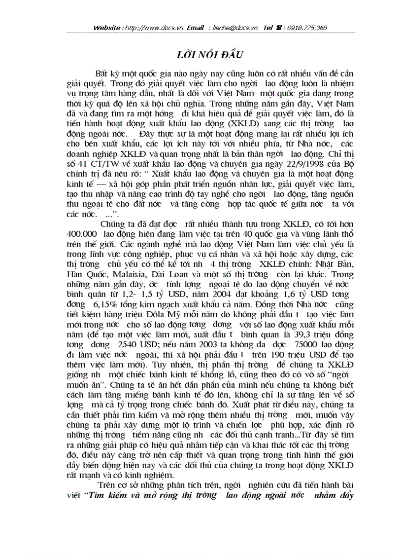 Tìm kiếm và mở rộng thị trường lao động ngoài nước nhằm đẩy mạnh công tác XKLĐ giai đoạn 2006 2010