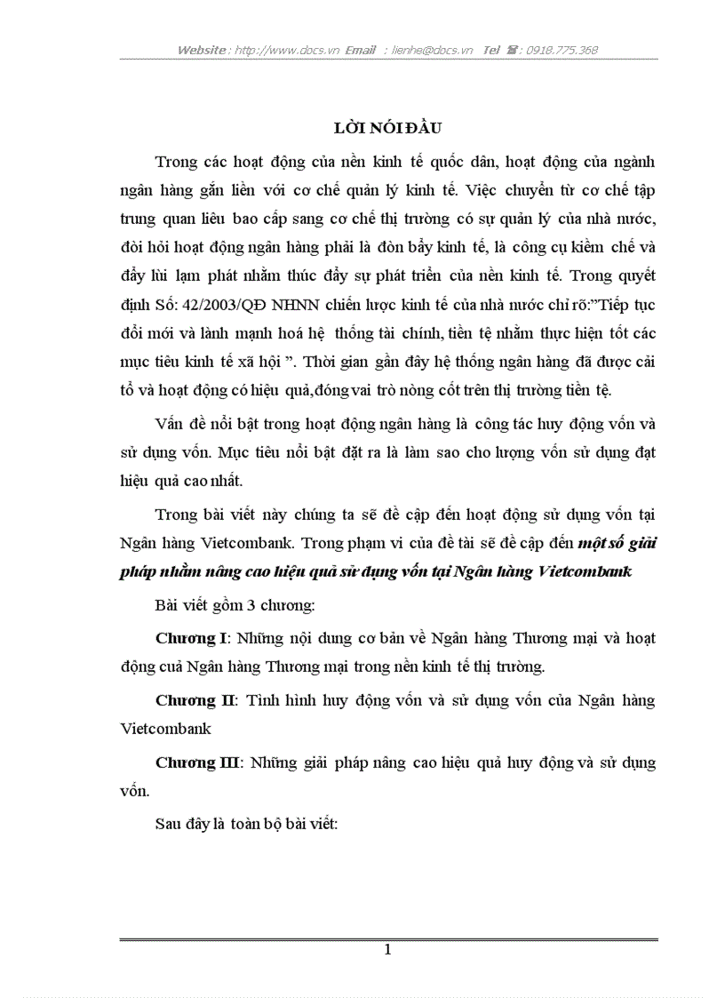 Một số giải pháp nhằm nâng cao hiệu quả sử dụng vốn tại Ngân hàng Vietcombank