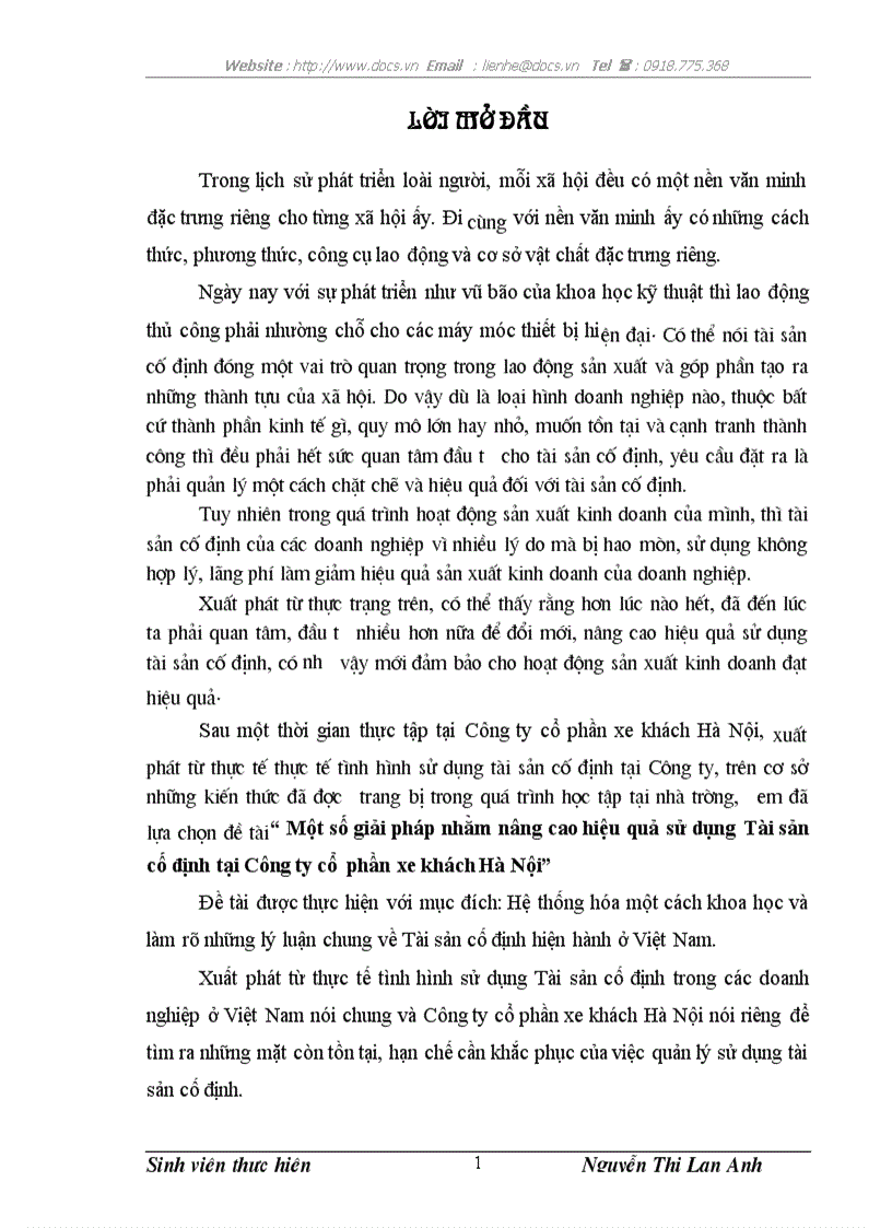 Một số giải pháp nhằm nâng cao hiệu quả sử dụng Tài sản cố định tại Công ty cổ phần xe khách Hà Nội