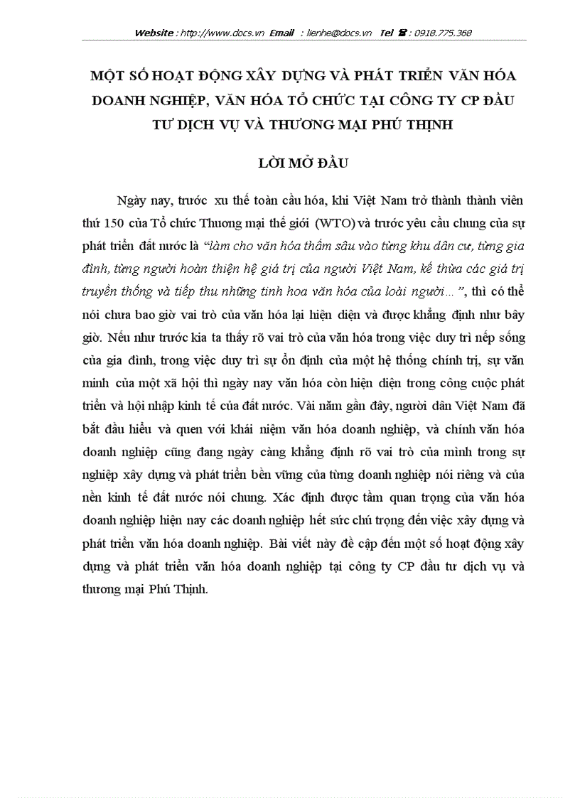 Một số họạt động xây dựng và phát triển văn hóa doanh nghiệp tại Công ty Đầu tư dịch vụ và thương mại Phú Thịnh