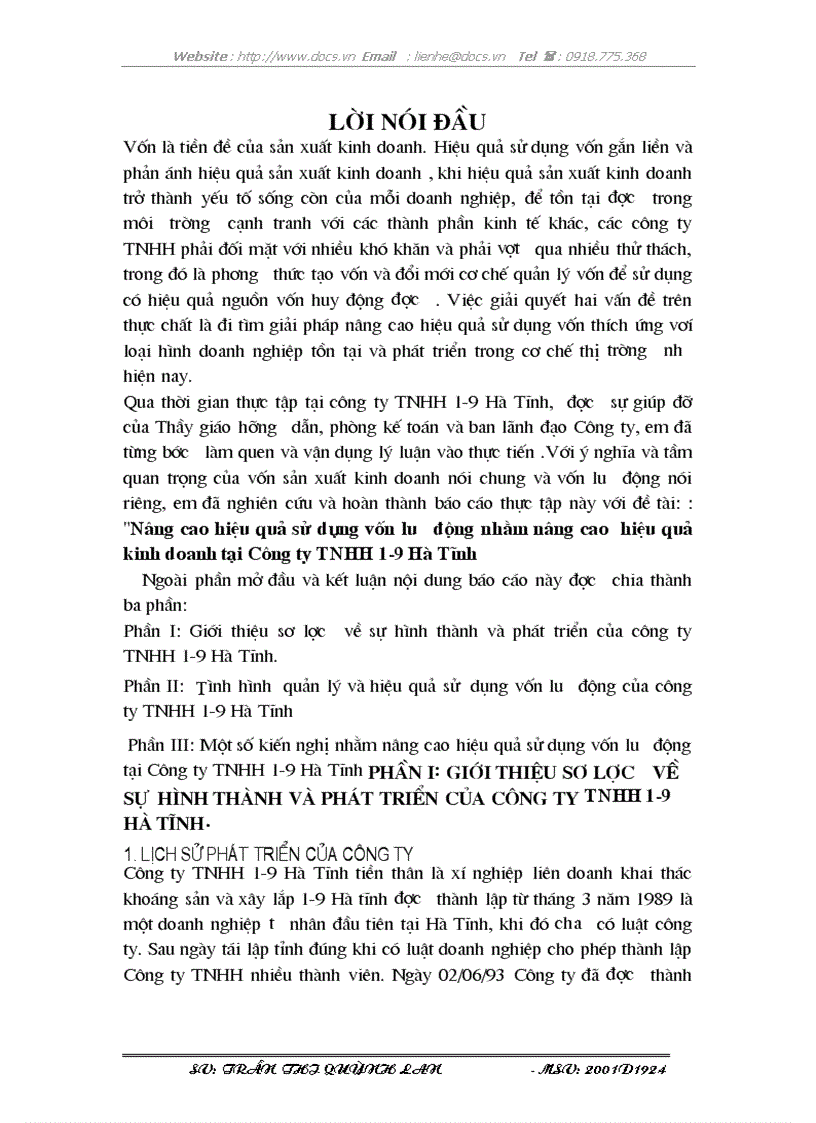 Nâng cao hiệu quả sử dụng vốn lưu động nhằm nâng cao hiệu quả kinh doanh tại Công ty TNHH 1 9 Hà Tĩnh