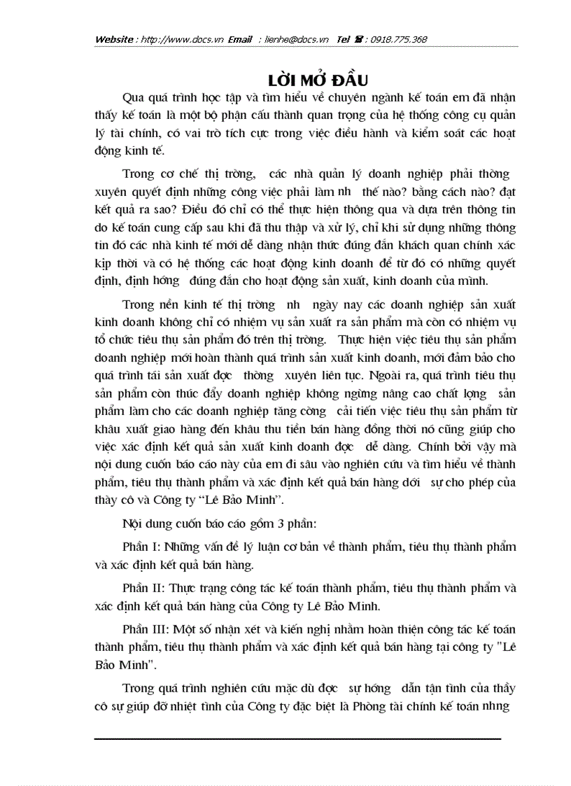 Thực trạng giải pháp nhằm hoàn thiện công tác kế toán thành phẩm TTTP xác định kết quả bán hàng tại C ty Lê Bảo Minh