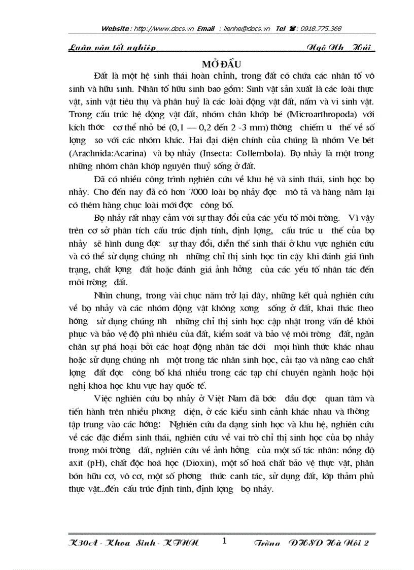 Bước đầu nghiên cứu ảnh hưởng của đất bị nhiễm kim loại nặng Chì Pb đến thành phần loài và một số đặc điểm định lượng của bọ nhảy Insecta Collemb