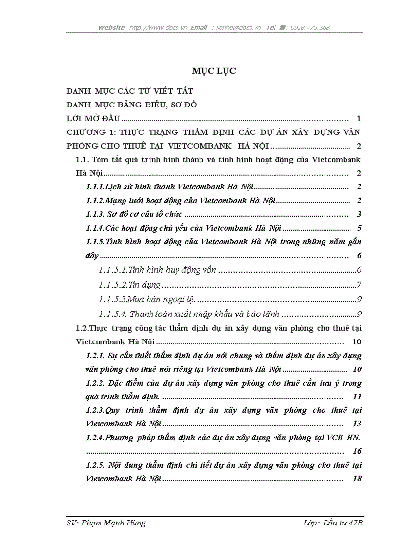 Hoàn thiện công tác thẩm định dự án xây dựng văn phòng cho thuê tại Ngân hàng TMCP Ngoại thương Việt Nam chi nhánh Hà Nội