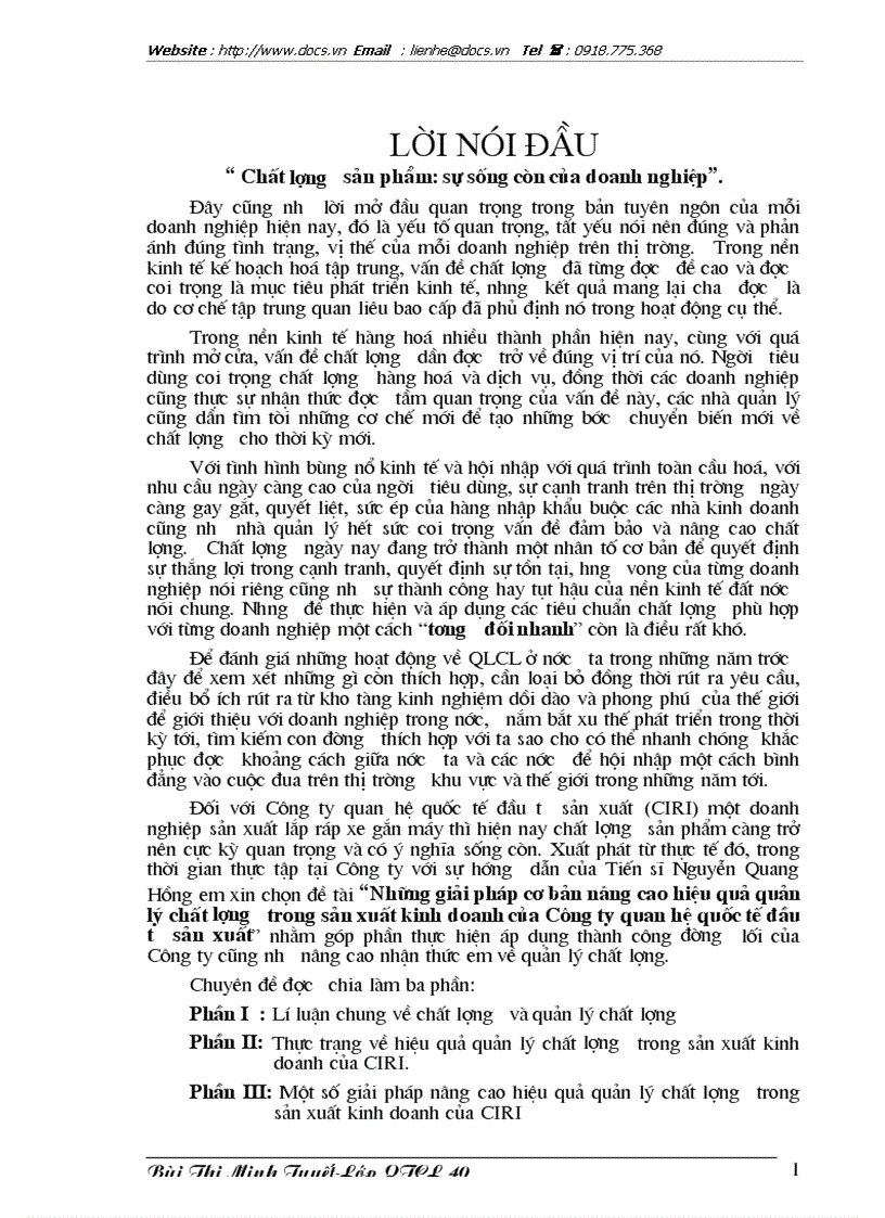 Những giải pháp cơ bản nâng cao hiệu quả quản lý chất lượng trong sản xuất kinh doanh của Công ty quan hệ quốc tế đầu tư sản xuất CIRI85