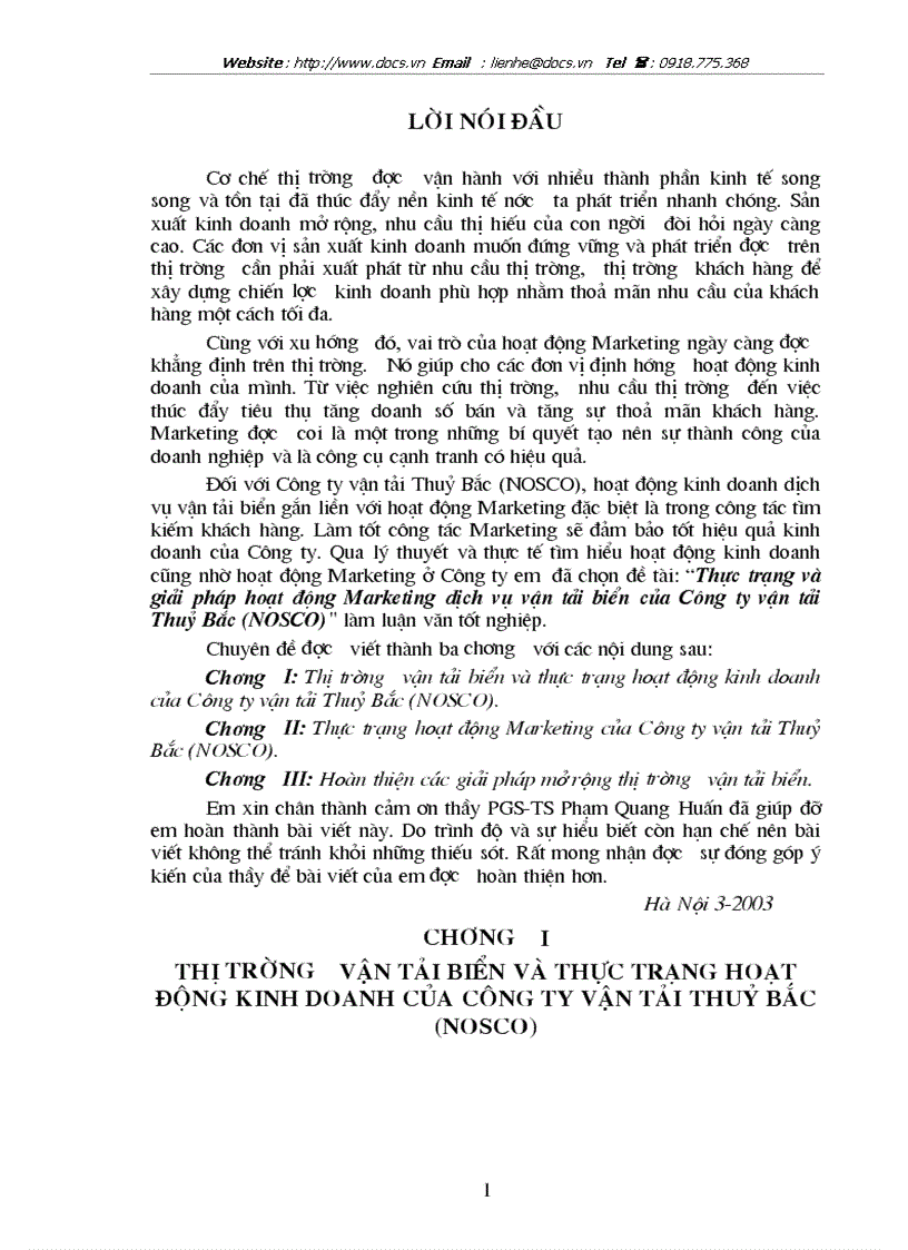 Thực trạng và giải pháp hoạt động Marketing dịch vụ vận tải biển của Công ty vận tải Thuỷ Bắc NOSCO