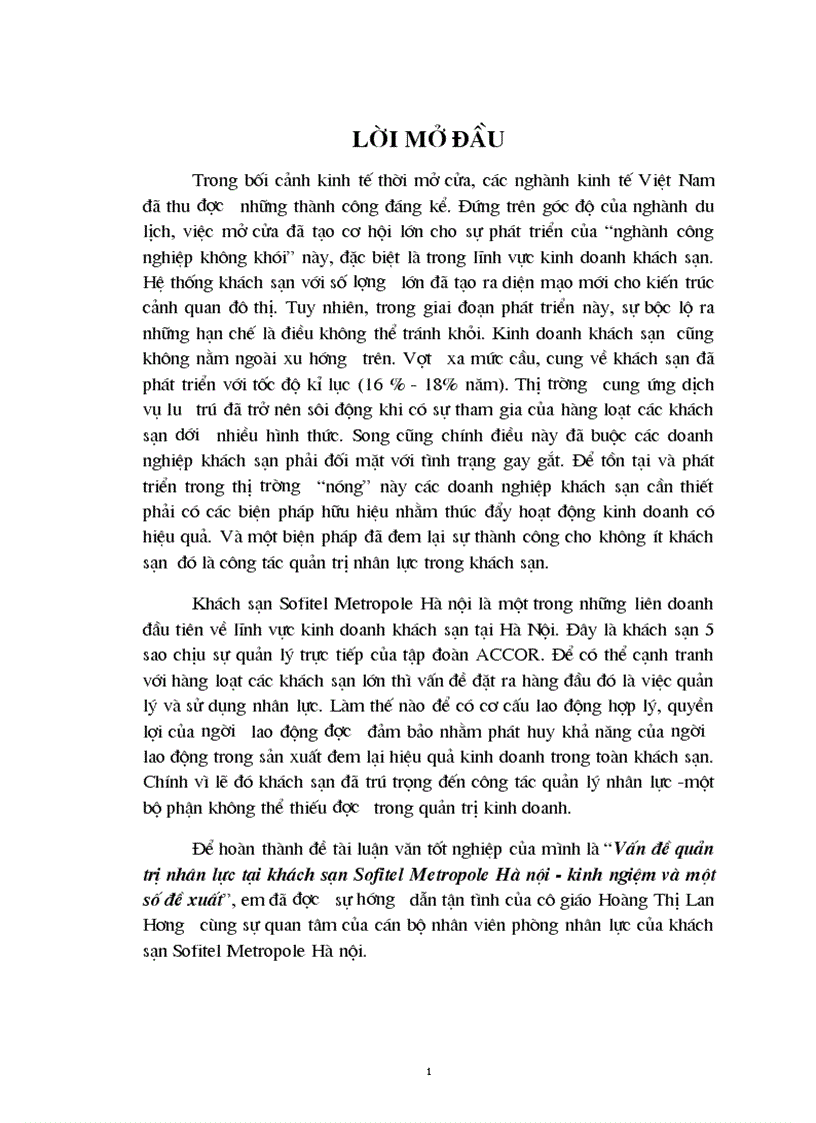 Phương hướng kinh ngiệm và một số đề xuất để hoàn thiện công tác quản trị nhân lực tại khách sạn Sofitel Metropole Hà nội