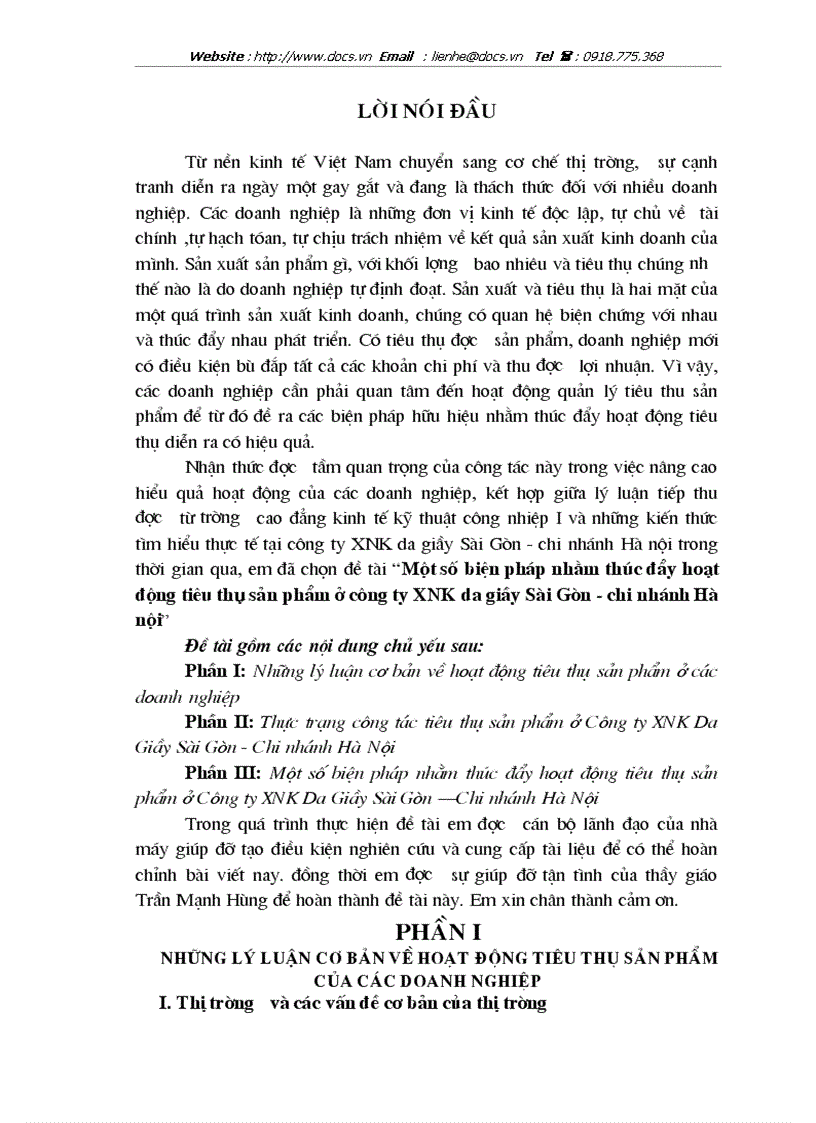 Một số biện pháp nhằm thúc đẩy hoạt động tiêu thụ sản phẩm ở công ty XNK da giầy Sài Gòn chi nhánh Hà nội