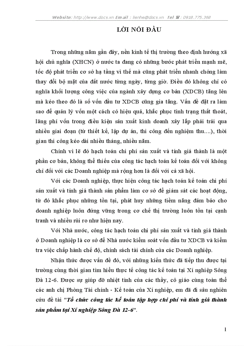 Tổ chức công tác kế toán tập hợp chi phí và tính giá thành sản phẩm tại Xí nghiệp Sông Đà 12 6