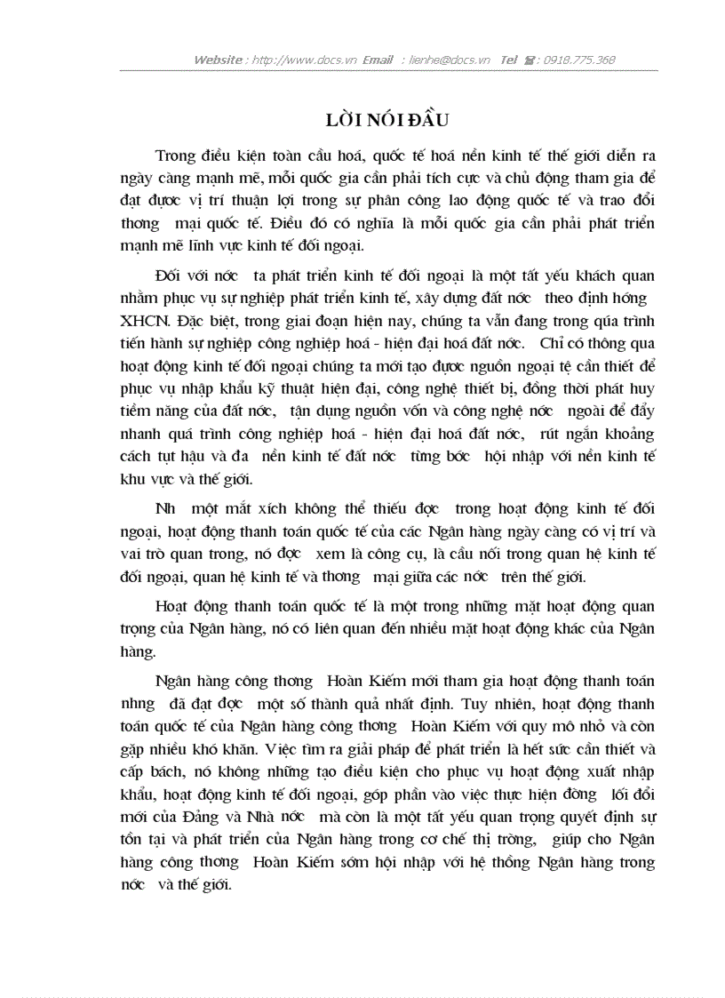 Giải pháp phát triển hoạt động thanh toán quốc tế tại Chi nhánh Ngân hàng công thương Hoàn Kiếm