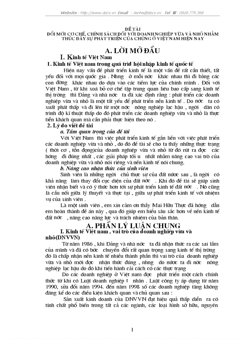 Đổi mới cơ chế chính sách đối với doanh nghiệp vừa và nhỏ nhằm thúc đẩy sự phát triển của chúng ở việt nam hiện nay