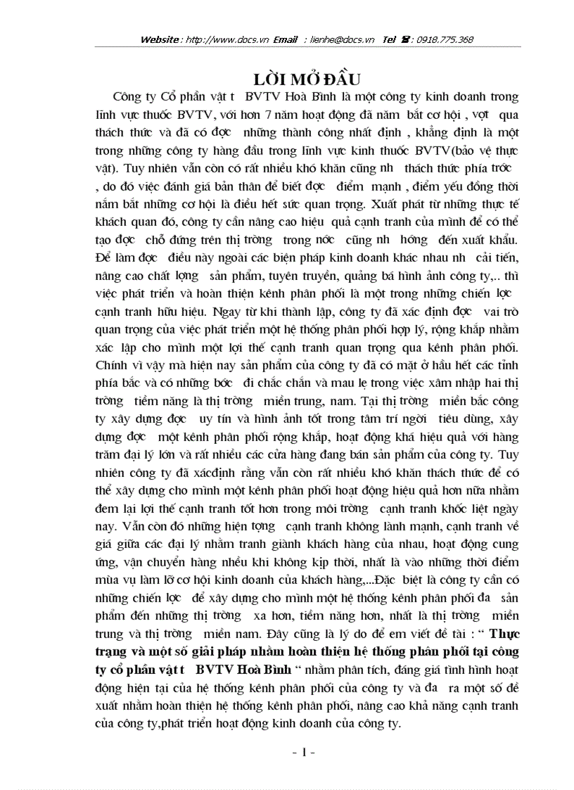 Thực trạng và một số giải pháp nhằm hoàn thiện hệ thống phân phối tại công ty cổ phần vật tư BVTV Hoà Bình