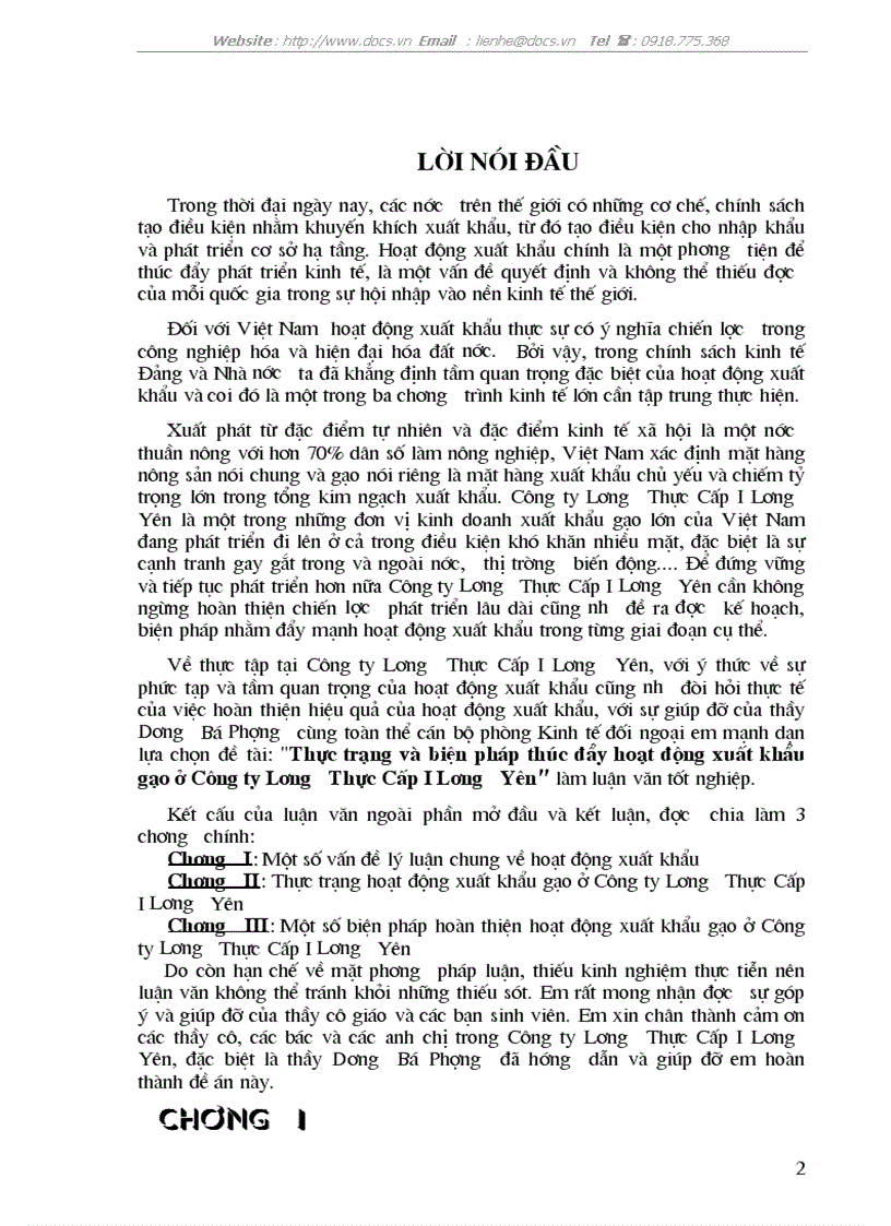 Thực trạng và biện pháp thúc đẩy hoạt động xuất khẩu gạo ở Công ty Lương Thực Cấp I Lương Yên