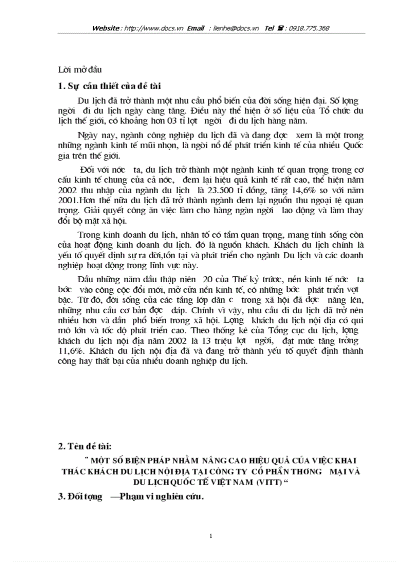 Một số biện pháp nhằm nâng cao hiệu quả của việc khai thác khách du lịch nội địa tại công ty cổ phần thương mại và du lịch quốc tế việt nam vitt