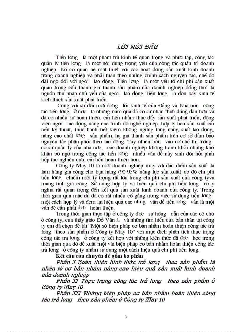 Một số biện pháp cơ bản nhằm hoàn thiện công tác trả lương theo sản phẩm ở Công ty May 10
