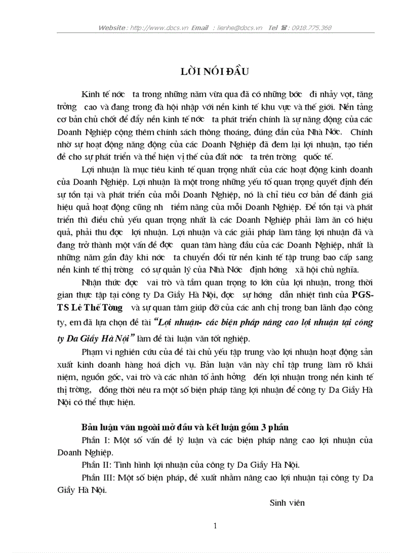 Lợi nhuận các biện pháp nâng cao lợi nhuận tại công ty Da Giầy Hà Nội