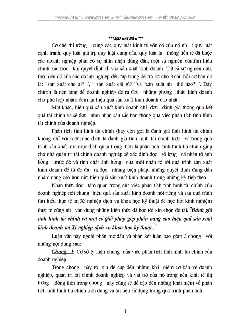 Đánh giá tình hình tài chính và một số giải pháp góp phần nâng cao hiệu quả sản xuất kinh doanh tại Xí nghiệp dịch vụ khoa học kỹ thuật