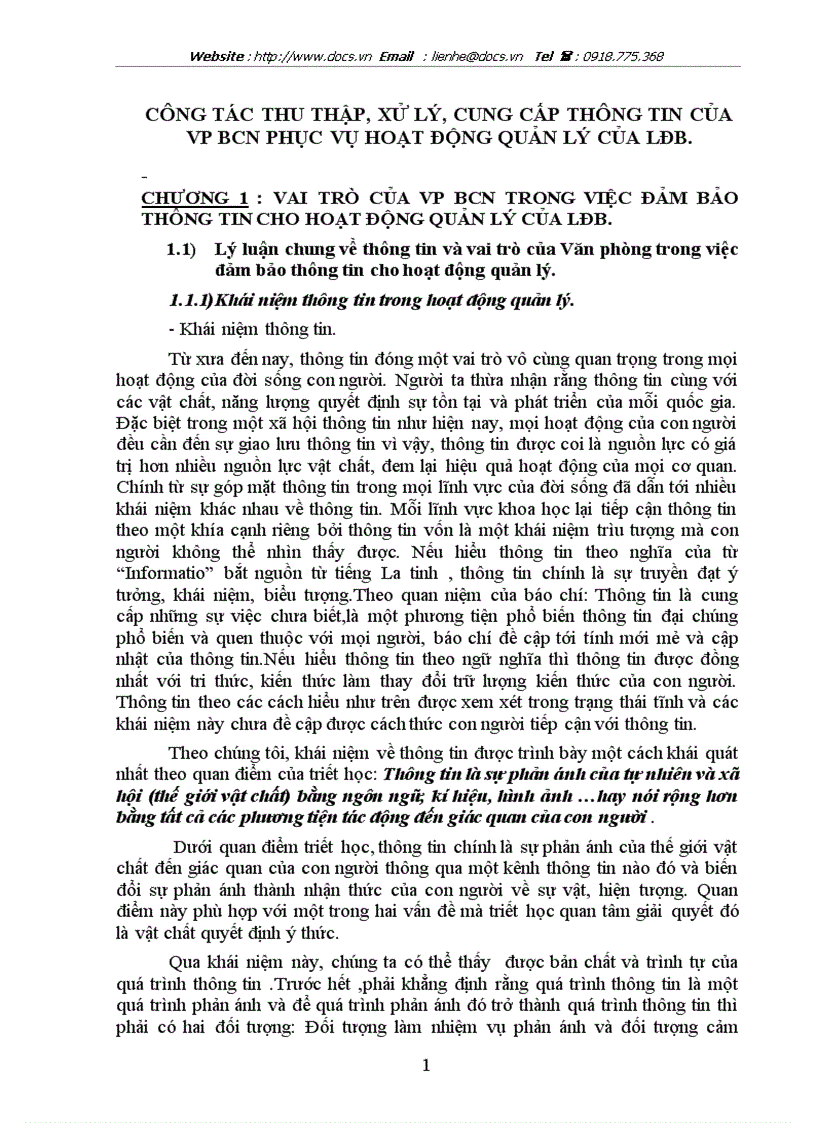 Công tác thu thập xử lý cung cấp thông tin của vp bcn phục vụ hoạt động quản lý của lđb