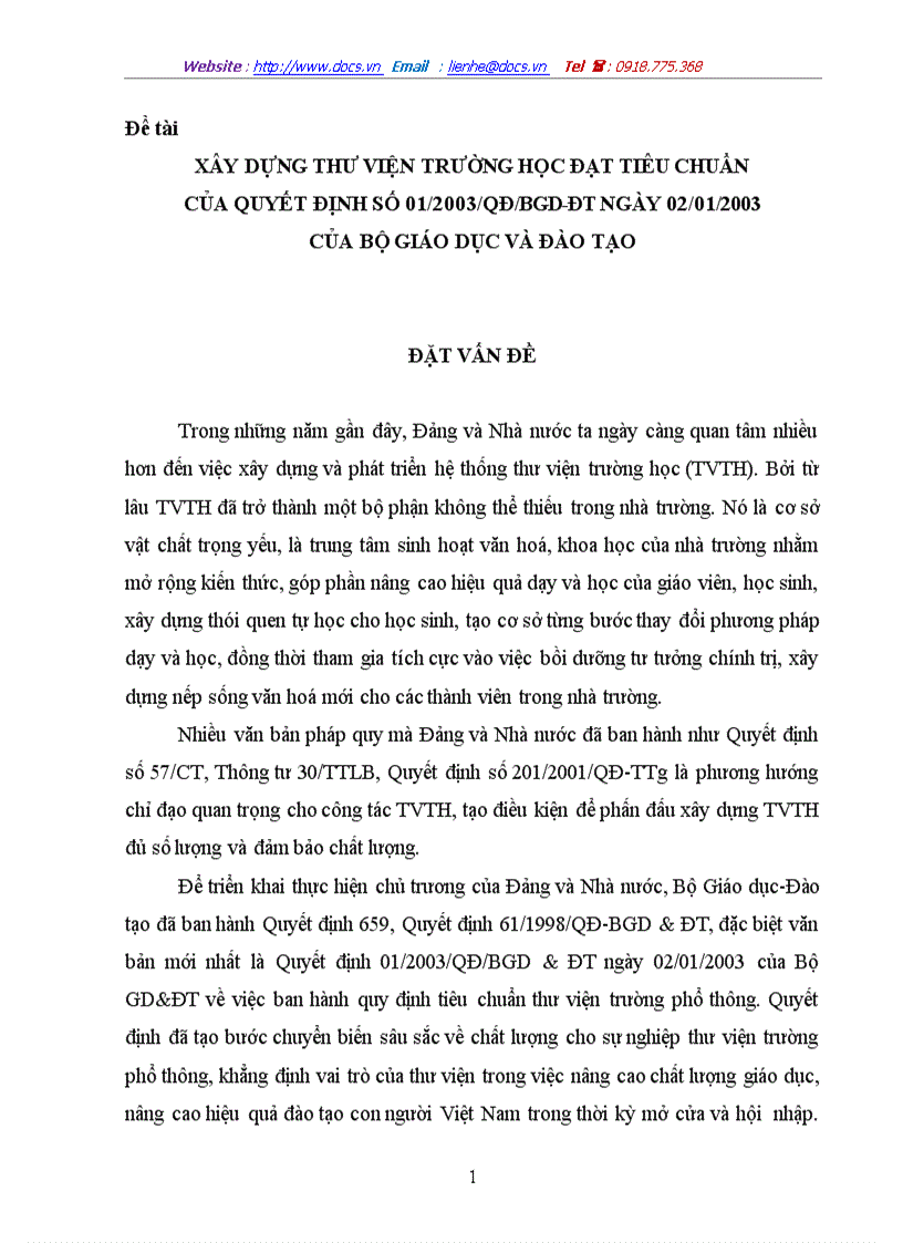 Xây dựng thư viện trường học đạt tiêu chuẩn của quyết định số 01 2003 qđ bgd đt ngày 02 01 2003 của bộ giáo dục và đào tạo