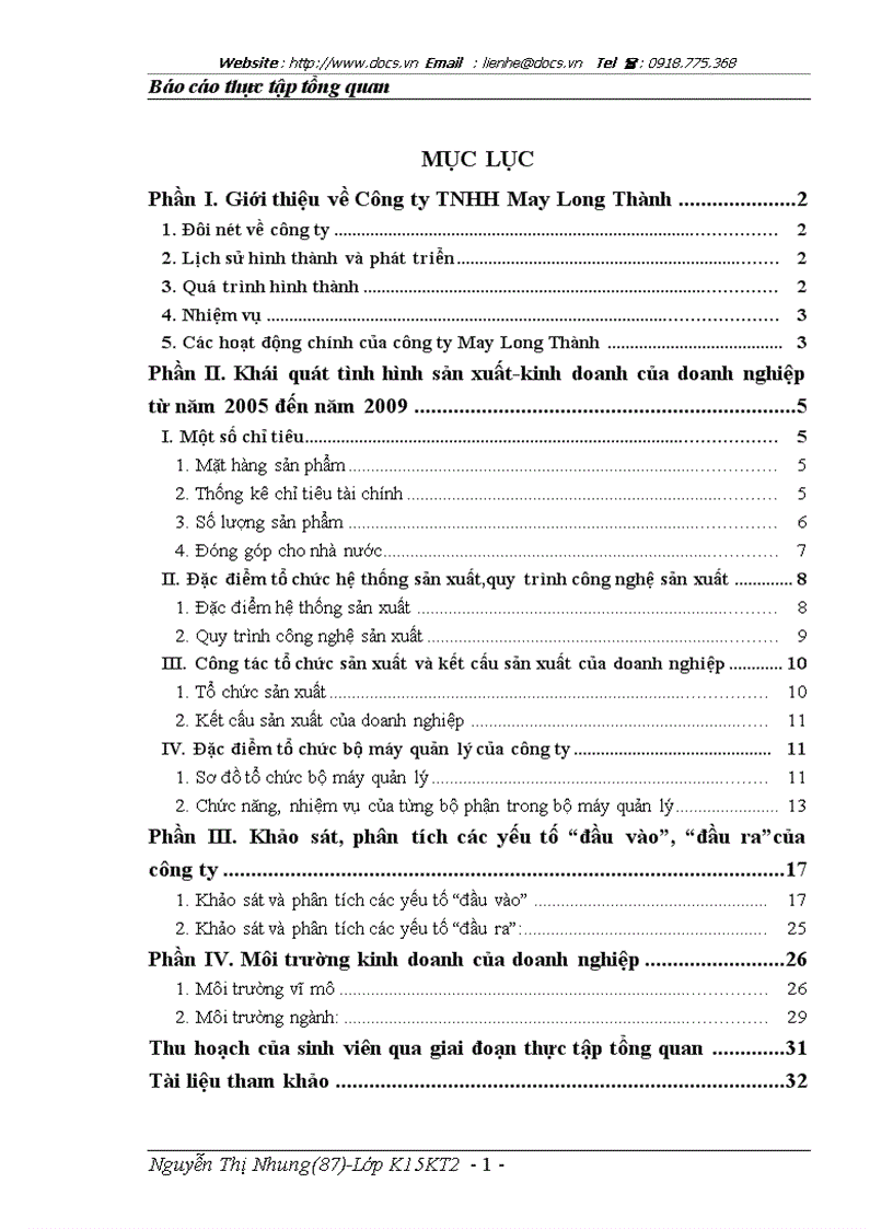 Báo cáo thực tập tổng quan về Công ty trách nhiệm HH May Long Thành