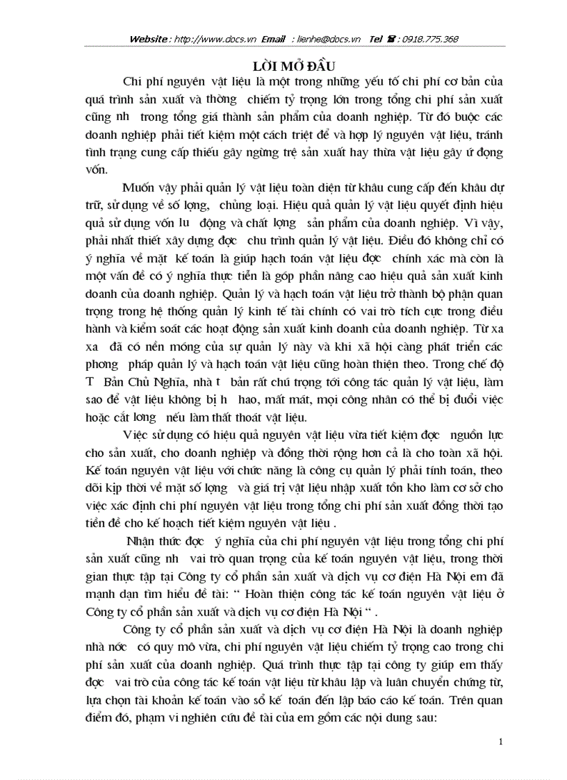 Hoàn thiện công tác kế toán nguyên vật liệu ở Công ty cổ phần sản xuất và dịch vụ cơ điện Hà Nội