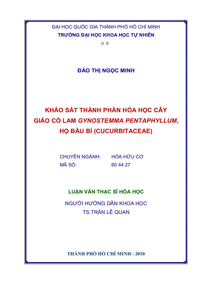 Khảo sát thành phần hóa học cây giảo cổ lam gynostemma pentaphyllum họ bầu bí cucurbitaceae