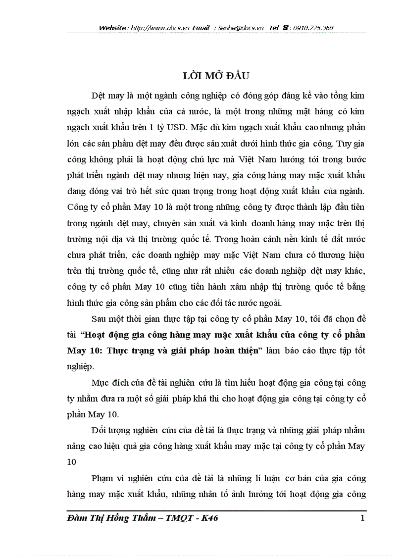 Hoạt động gia công hàng may mặc xuất khẩu của công ty cổ phần May 10 Thực trạng và giải pháp hoàn thiện