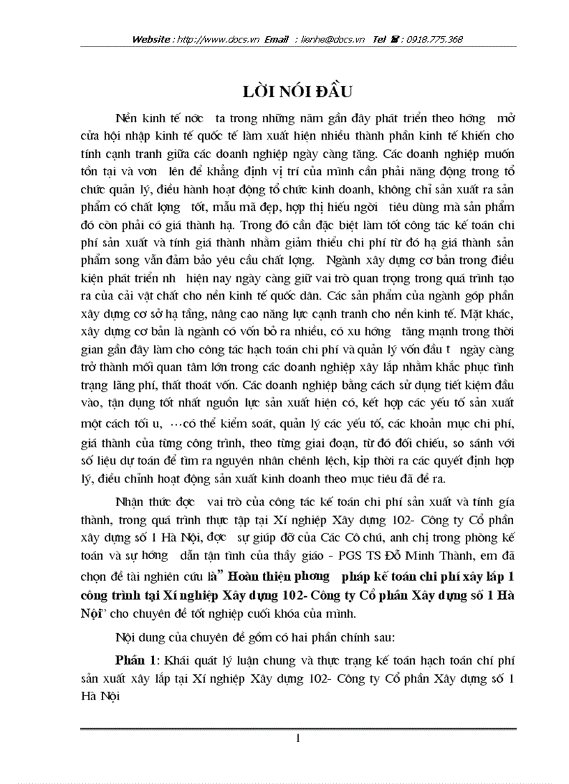 Hoàn thiện phương pháp kế toán chi phí xây lắp 1 công trình tại Xí nghiệp Xây dựng 102 Công ty CP Xây dựng số 1 Hà Nội