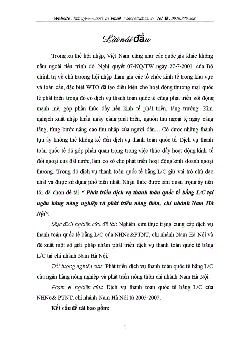 Phát triển dịch vụ thanh toán quốc tế bằng L C tại ngân hàng nông nghiệp và phát triển nông thôn chi nhánh Nam Hà Nội