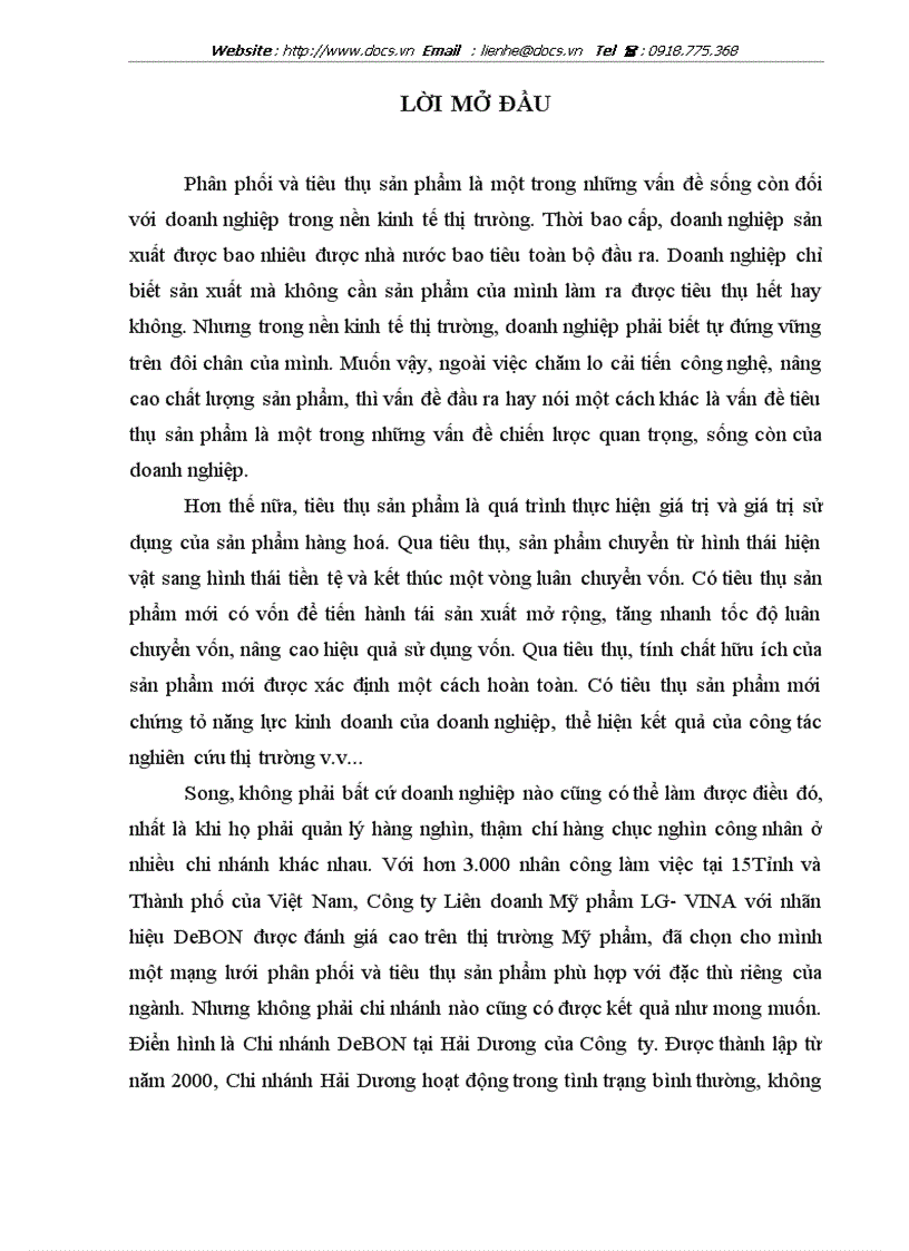 Tiêu thụ sản phẩm nhãn hiệu DeBON tại Chi nhánh Hải Dương