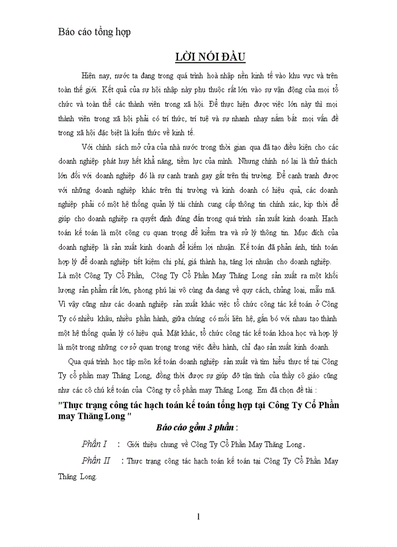 Thực trạng công tác hạch toán kế toán tổng hợp tại Công Ty Cổ Phần may Thăng Long