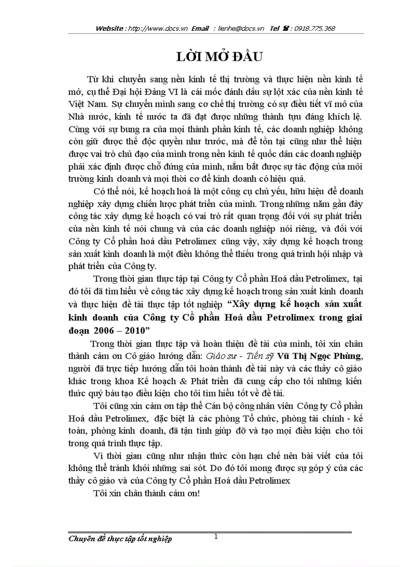 Xây dựng kế hoạch sản xuất kinh doanh của Công ty Cổ phần Hoá dầu Petrolimex trong giai đoạn 2006 2010
