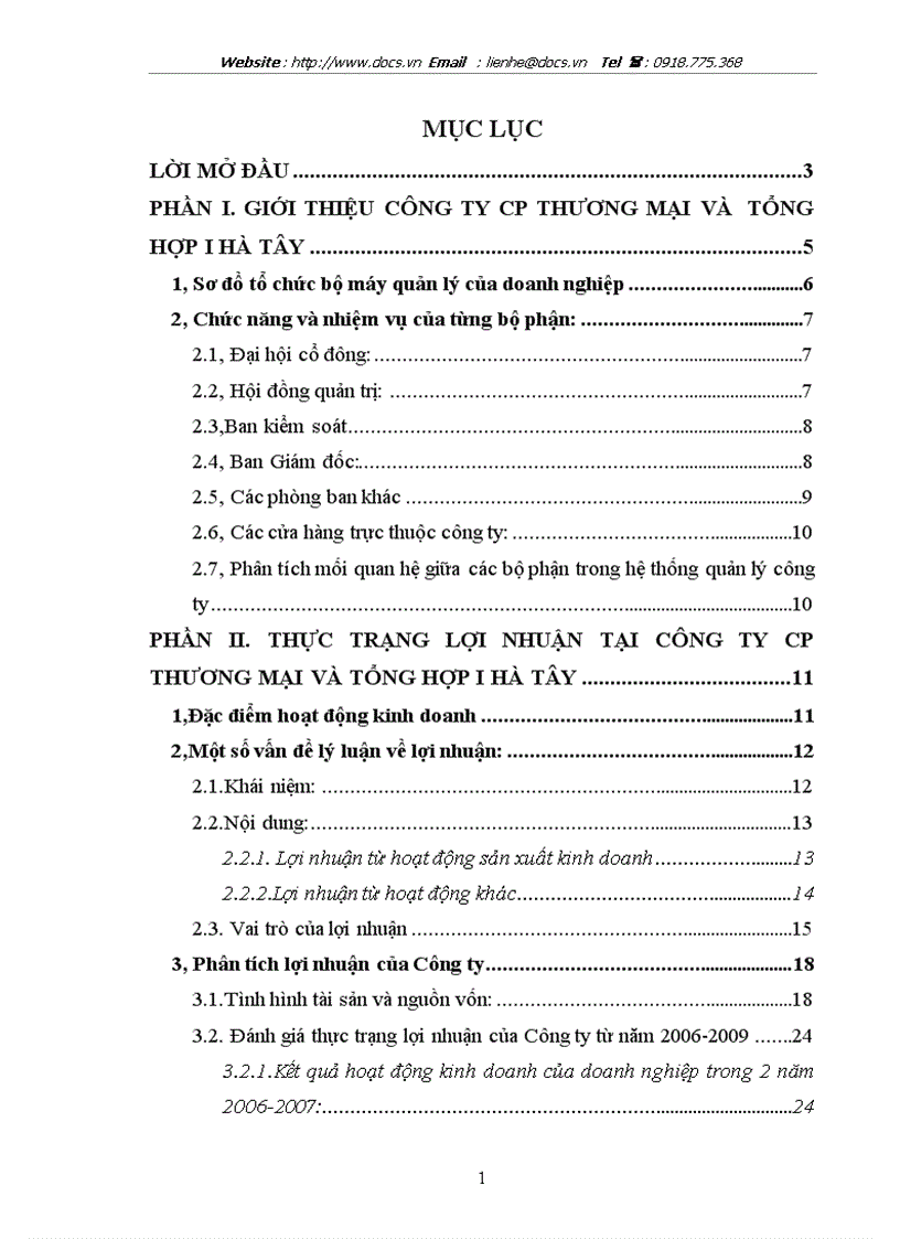 Phân tích tình hình lợi nhuận tại Công ty CP Thương mại và tổng hợp I Hà Tây