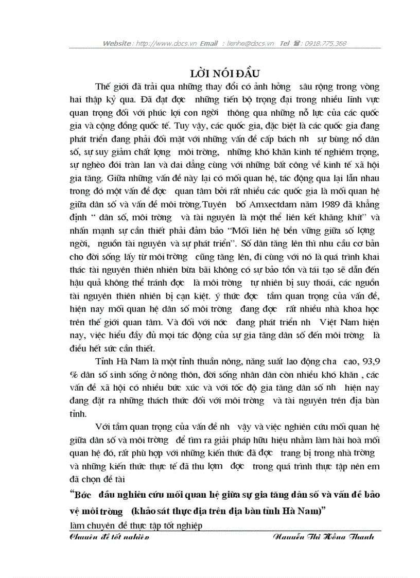 Bước đầu nghiên cứu mối quan hệ giữa sự gia tăng dân số và vấn đề bảo vệ môi trường khảo sát thực địa trên địa bàn tỉnh Hà Nam