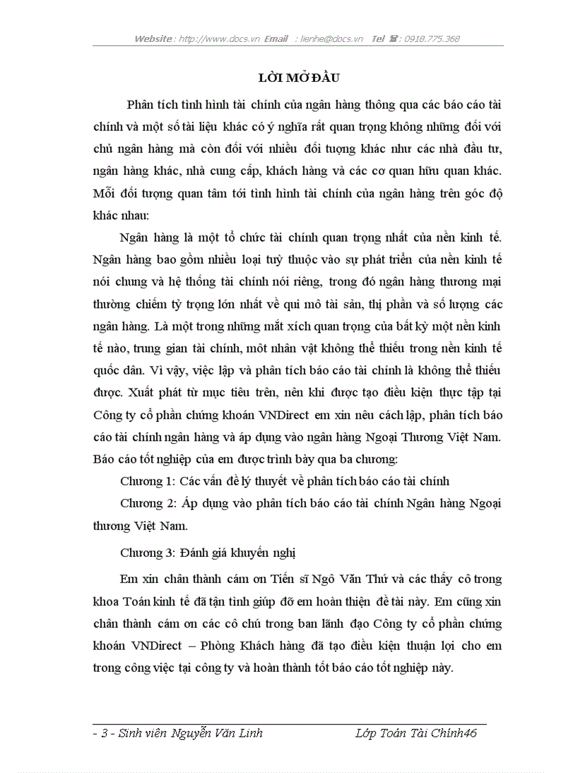 Cách lập phân tích báo cáo tài chính ngân hàng và áp dụng vào ngânhàng NHTMCP Ngoại Thương VietcomBank Việt Nam