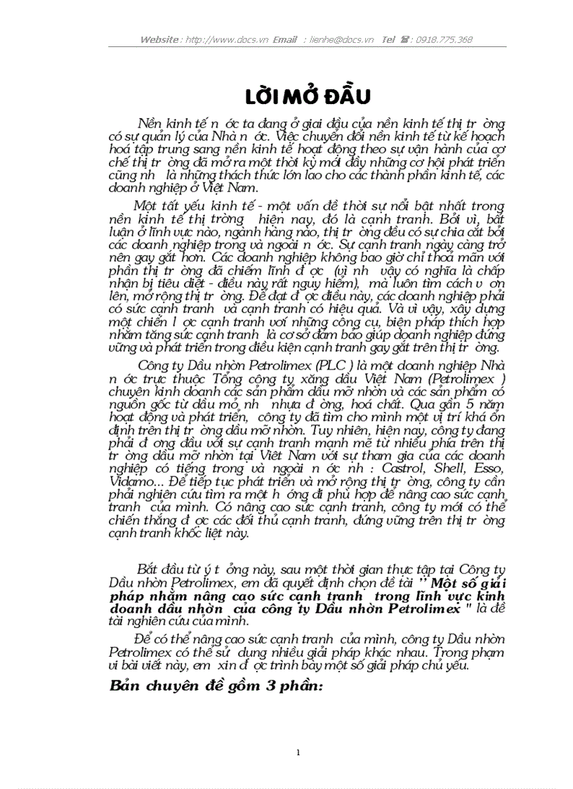 1số giải pháp nhằm nâng cao sức cạnh tranh trong lĩnh vực kinh doanh dầu nhờn của C ty Dầu nhờn Petrolimex