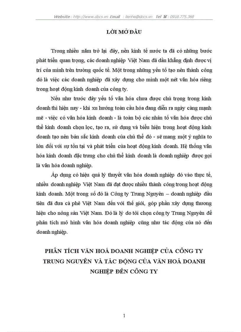 Ptích văn hoá doanh nghiệp của C ty Trung Nguyên tác động của văn hoá doanh nghiệp đến C ty lt văn hoá gt