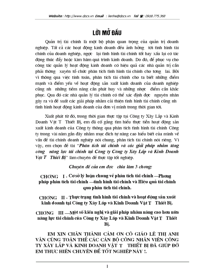 Phân tích tài chính và các giải pháp nhằm tăng cường năng lực tài chính tại Công ty Công ty Xây Lắp và Kinh Doanh Vật Tư Thiết Bị