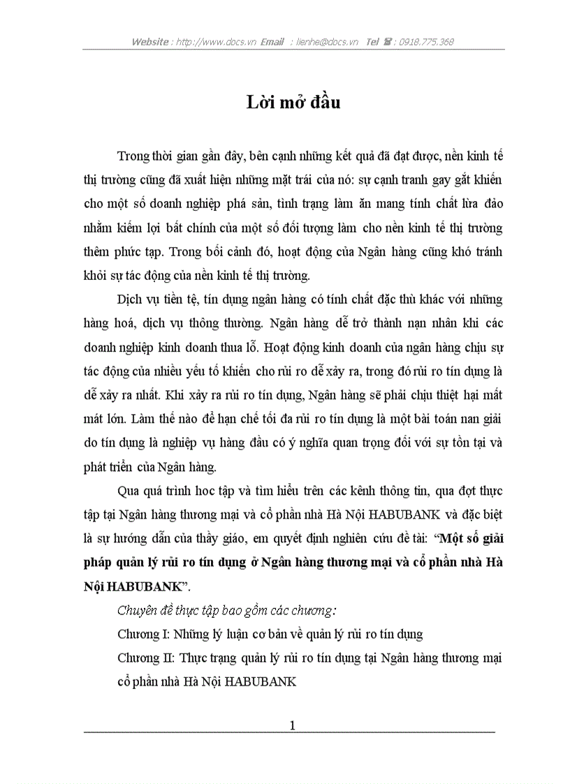 Một số giải pháp quản lý rủi ro tín dụng ở Ngân hàng thương mại và cổ phần nhà Hà Nội HABUBANK