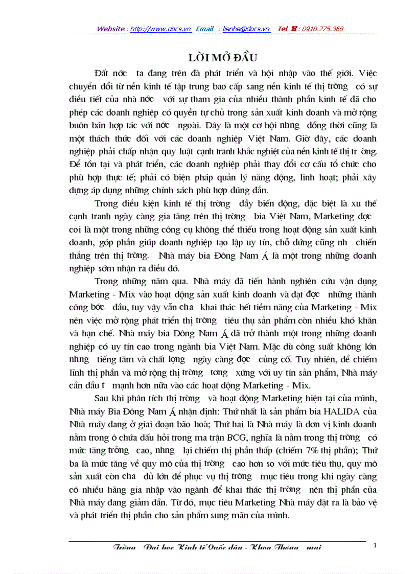 Một vài giải pháp nhằm đẩy mạnh việc ứng dụng Marketing Mix vào hoạt động phát triển thị trường tiêu thụ sản phẩm HALIDA của Nhà máy Bia Đông Nam Á