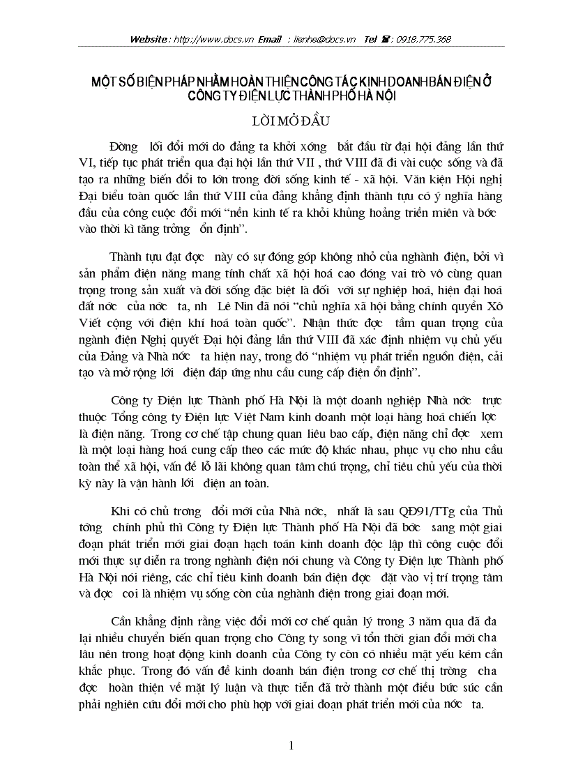 1số biện pháp nhằm hoàn thiện công tác kinh doanh bán điện ở Công ty Điện lực Thành phố Hà Nội