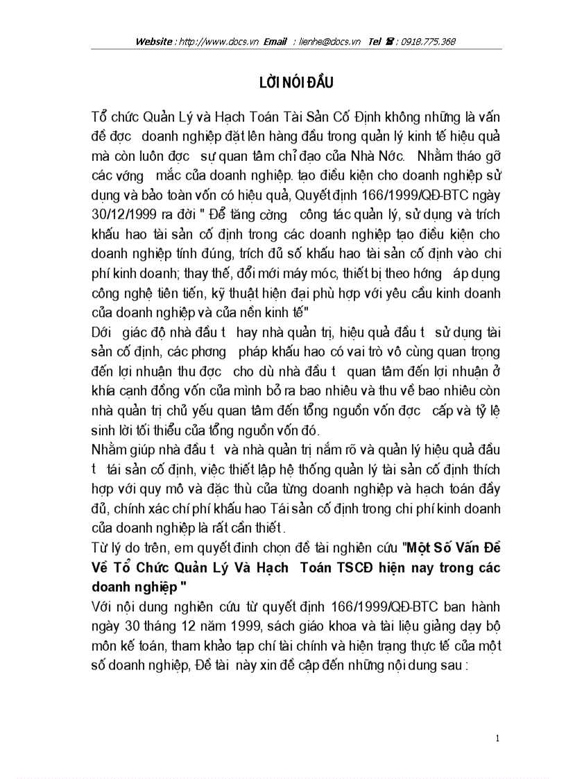 1số vấn đề về tổ chức quản lý và hạch toán tài sản cố định hiện nay trong các Doanh nghiệp