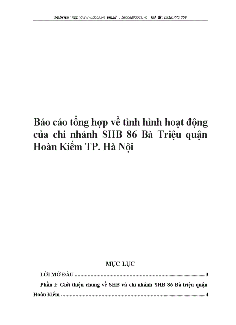 Báo cáo tổng hợp về tình hình hoạt động của chi nhánh SHB 86 Bà Triệu quận Hoàn Kiếm TP Hà Nội