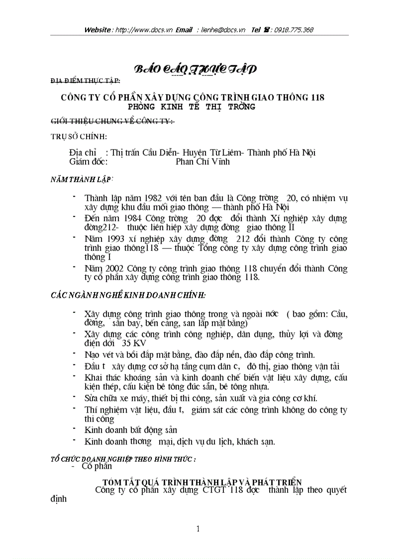 Báo cáo tại CÔNG TY CỔ PHẦN XÂY DỰNG CÔNG TRÌNH GIAO THÔNG 118 PHÒNG KINH TẾ THỊ TRƯỜNG