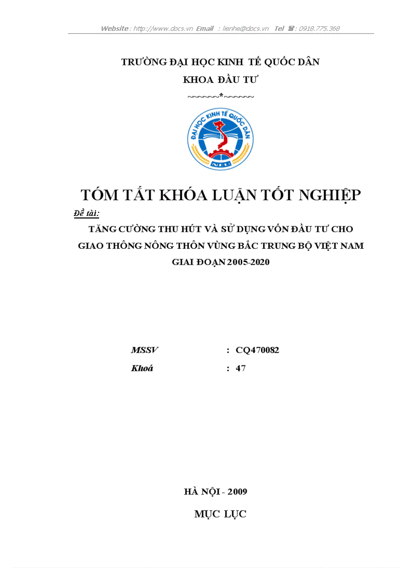 Tăng cường thu hút và sử dụng vốn đầu tư cho giao thông nông thôn vùng bắc trung bộ việt nam giai đoạn 2005 2020