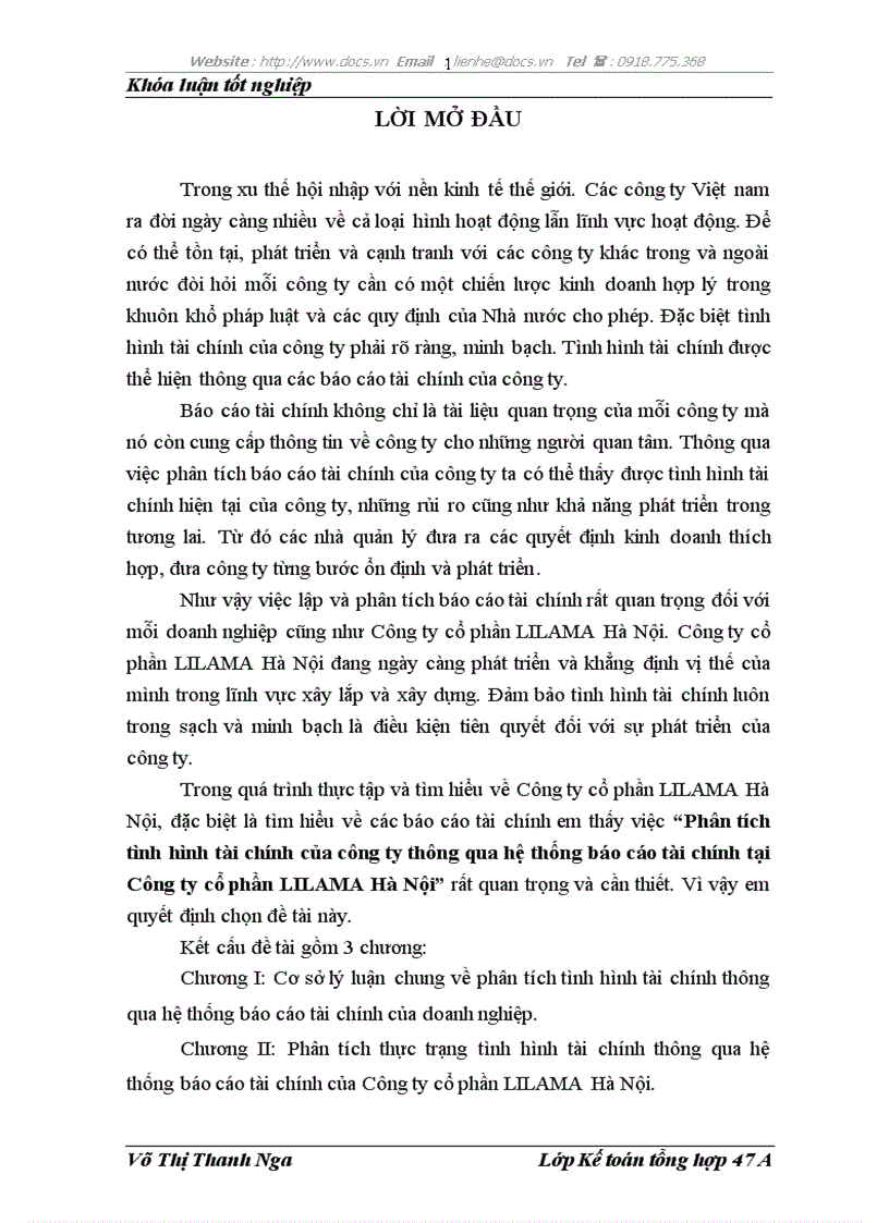 Phân tích tình hình tài chính của công ty thông qua hệ thống báo cáo tài chính tại Công ty cổ phần LILAMA Hà Nội