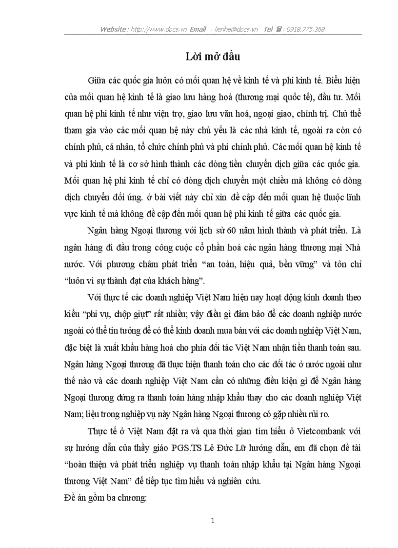 Hoàn thiện và phát triển nghiệp vụ thanh toán nhập khẩu tại Ngân hàng Ngoại thương Việt Nam