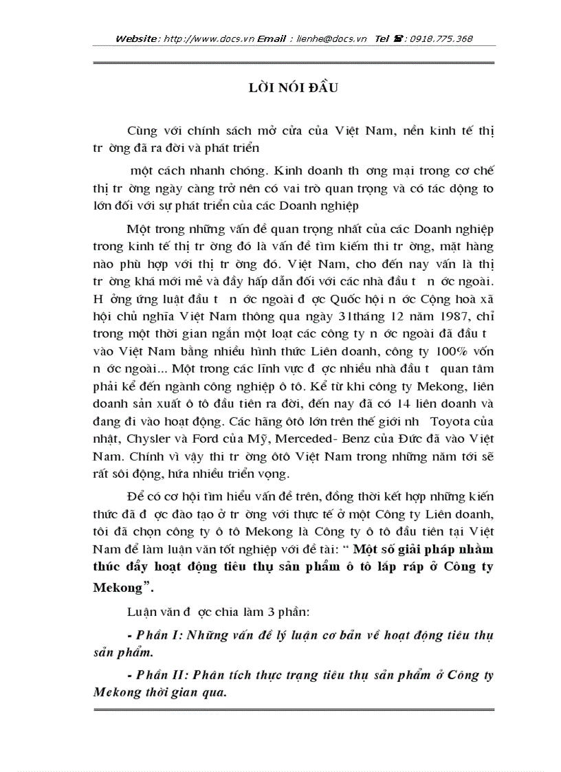 1số giải pháp nhằm thúc đẩy hoạt động tiêu thụ sản phẩm ô tô lắp ráp ở Công ty Mêkông