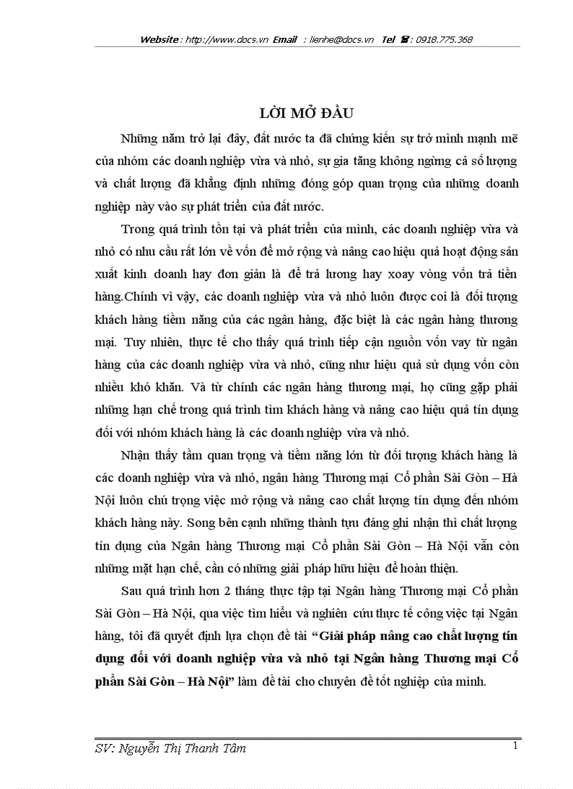 Giải pháp nâng cao chất lượng tín dụng đối với doanh nghiệp vừa và nhỏ tại Ngân hàng Thương mại Cổ phần Sài Gòn Hà Nội